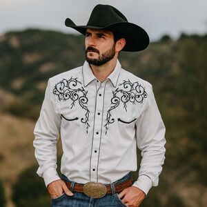 Western Express Embroidered Pearl Snap Shirt Mens Sz L White Black Scroll Stitch